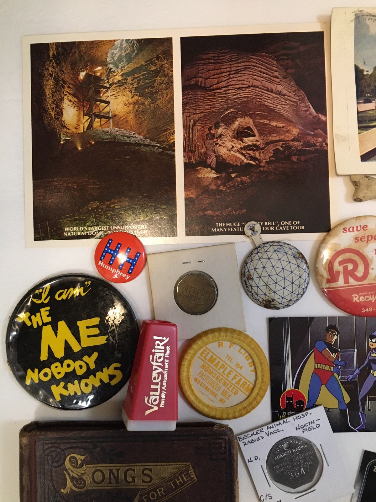 Vintage Junk Drawer Lot Ephemera Pinback Buttons Texas Auction Catalog Songbook