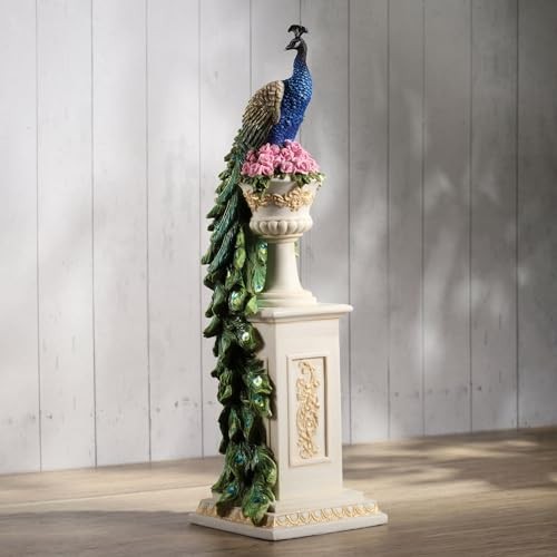 Veronese 13.625″ Peacock on Roman Column Resin Sculpture, Home Decor Collectible