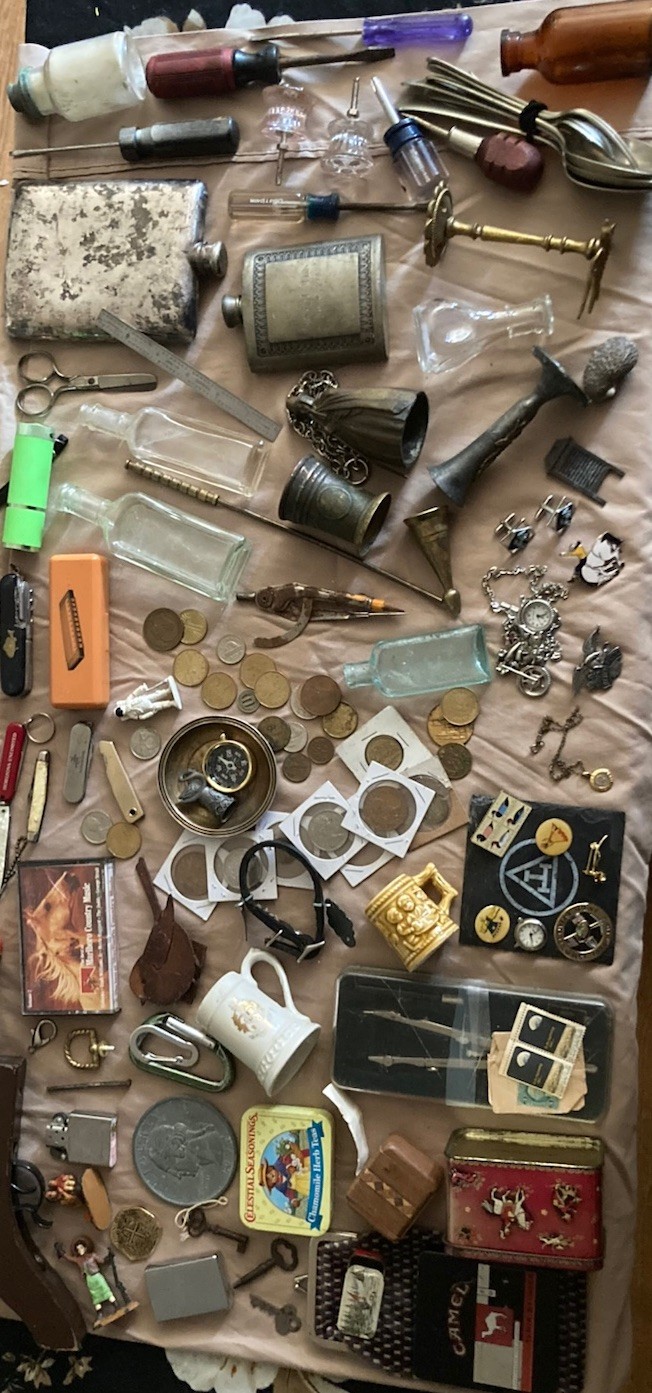 Mixed Vintage Collectibles Lot Coins Jewelry Lighters Knives Bottles Tins Brass