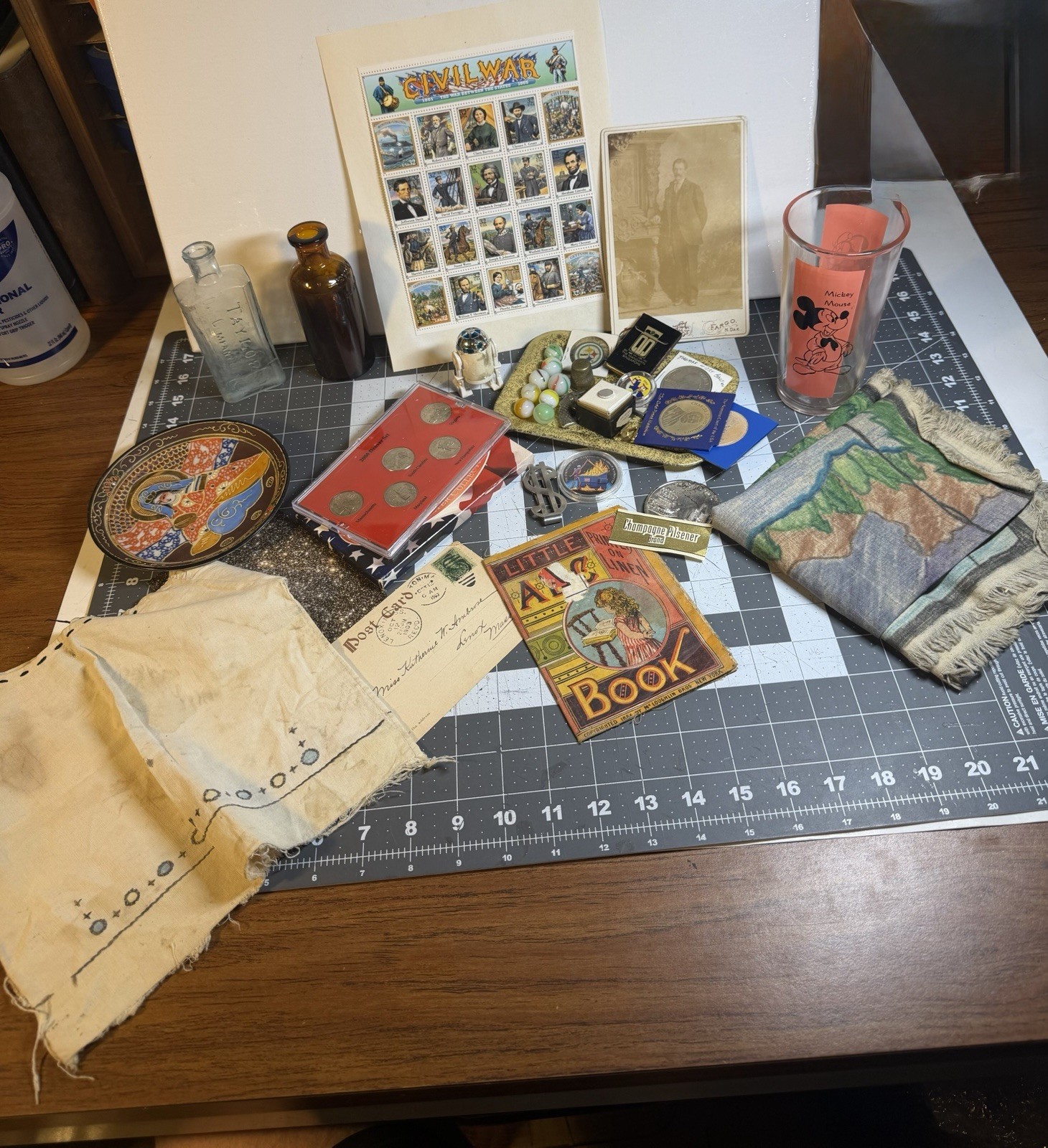 Vintage junk Drawer Lot! Coins, Bottles Stamps Toys Etc!