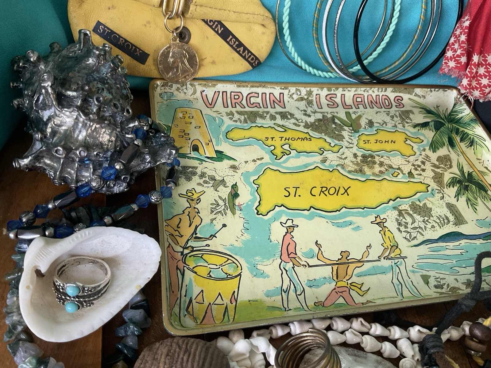 Vintage junk drawer LOT Island Caribbean Souvenirs Jewelry Doll stones coins