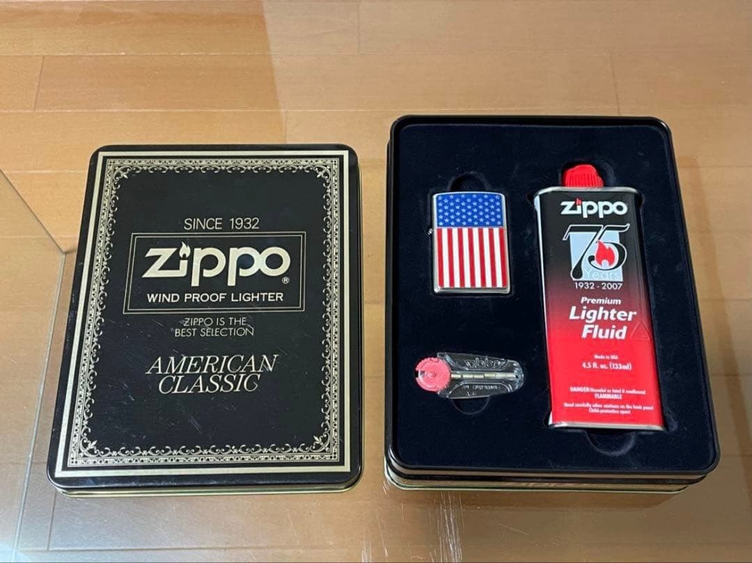 Zippo Stars and Stripes Metal Paste Made in 2003 with can case, oil, and flint,
