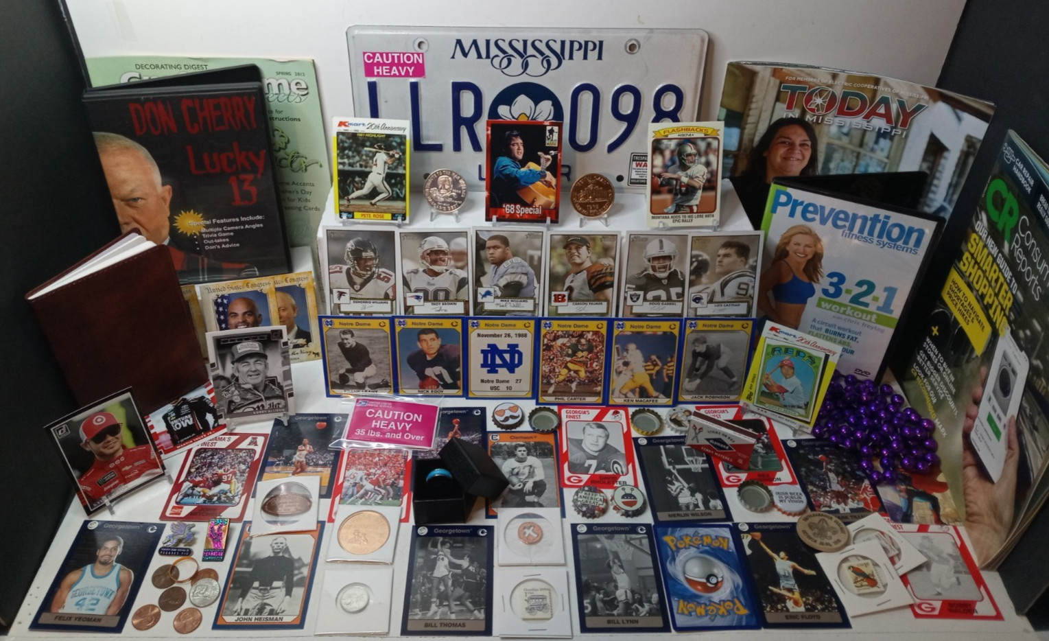 Junk Drawer Lot Sports Cards, Coins, Bottle Caps, Stamps, Tokens, Misc #64P