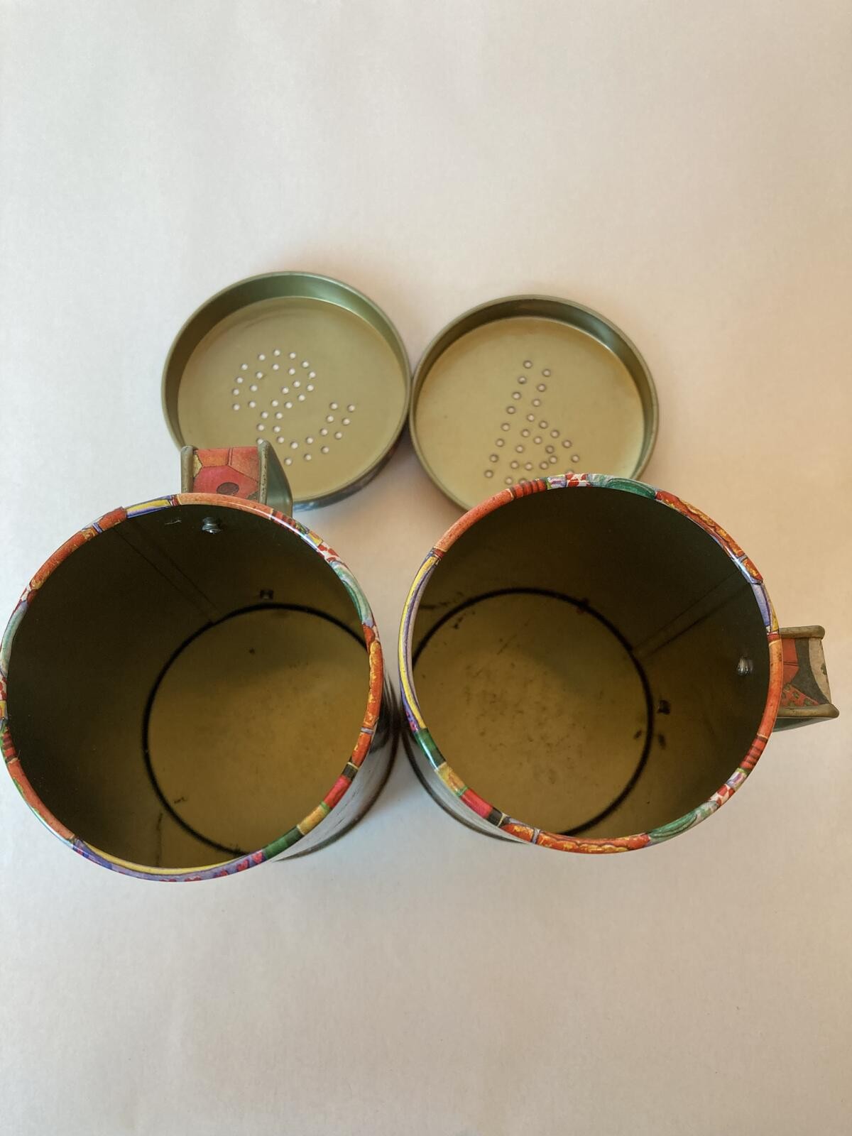 Decorative Tin Cups Mugs Kitchen Motif Made in China Pair