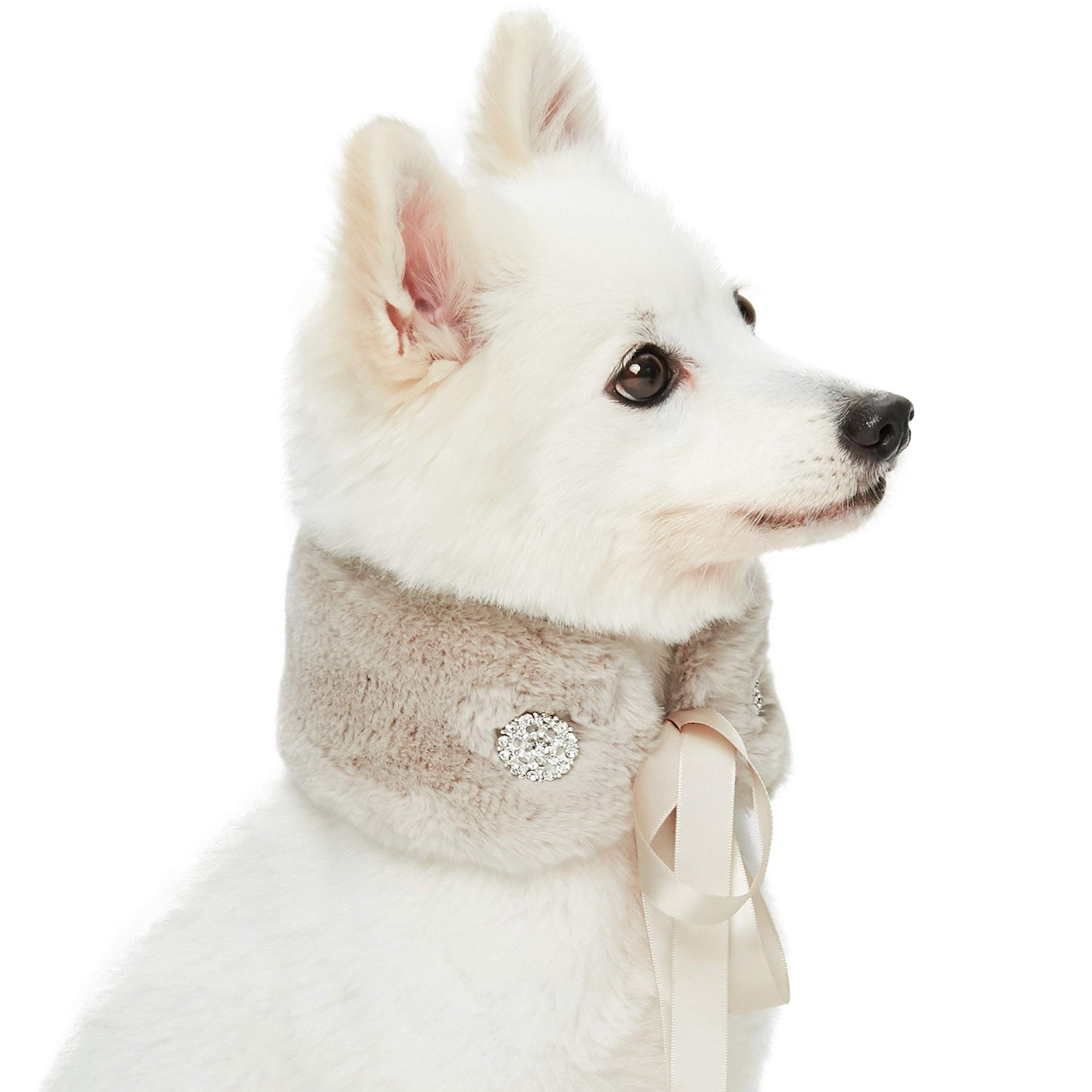 Blueberry Pet Faux Fur Dog Scarf – Peachy Beige with Diamonds, Medium