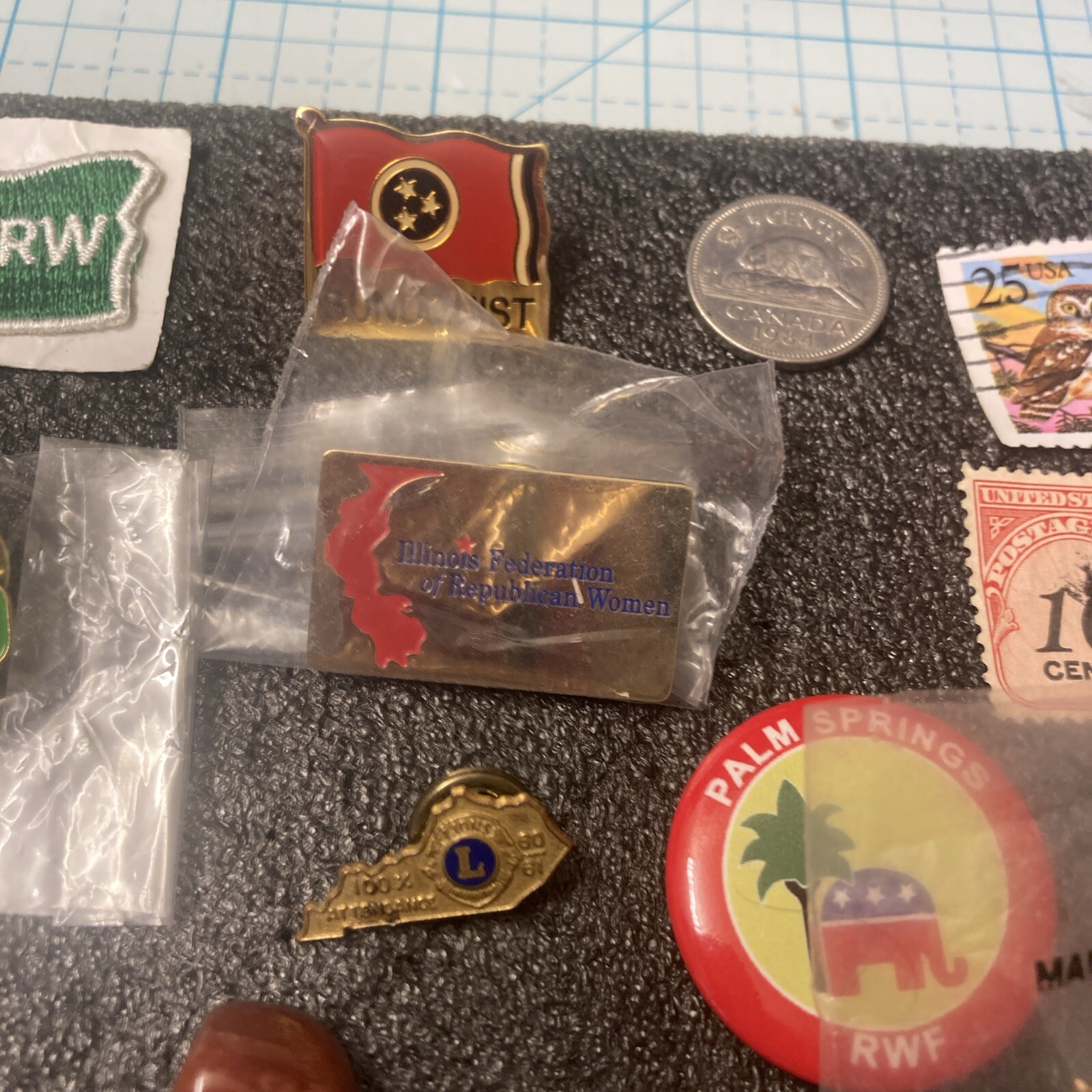 USED Mixed Vintage Tin Lot w/US Coins/US Stamps/Pins/Knife/Patch etc. NICE! LOOK