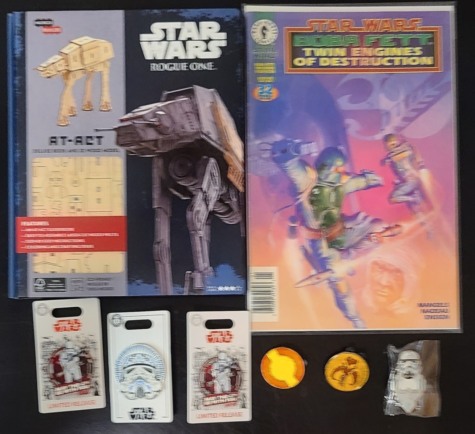 Star Wars Lot: Rogue One AT-ACT Book, Tales Jedi Comic, Pins, Tokens, Lanyard