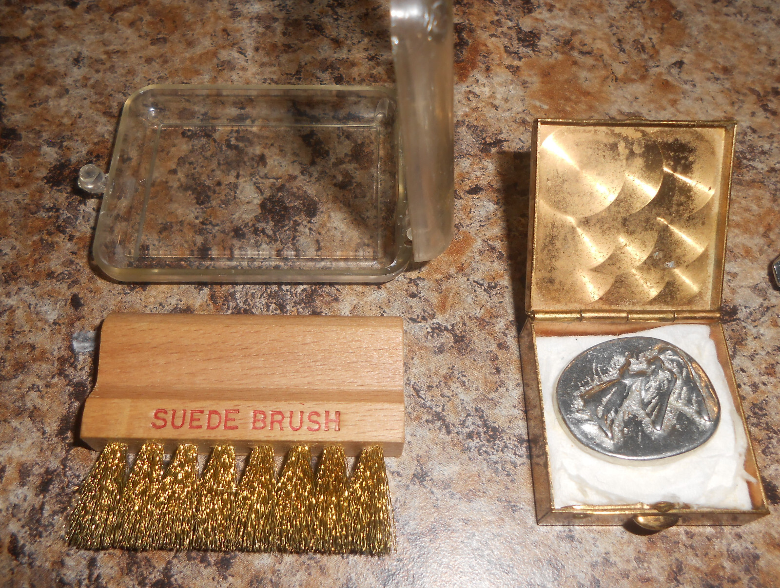 Junk Drawer Lot STANLEY TAPE SUEDE BRUSH NAIL/KNIFE SILVER MEDALLION & BOX