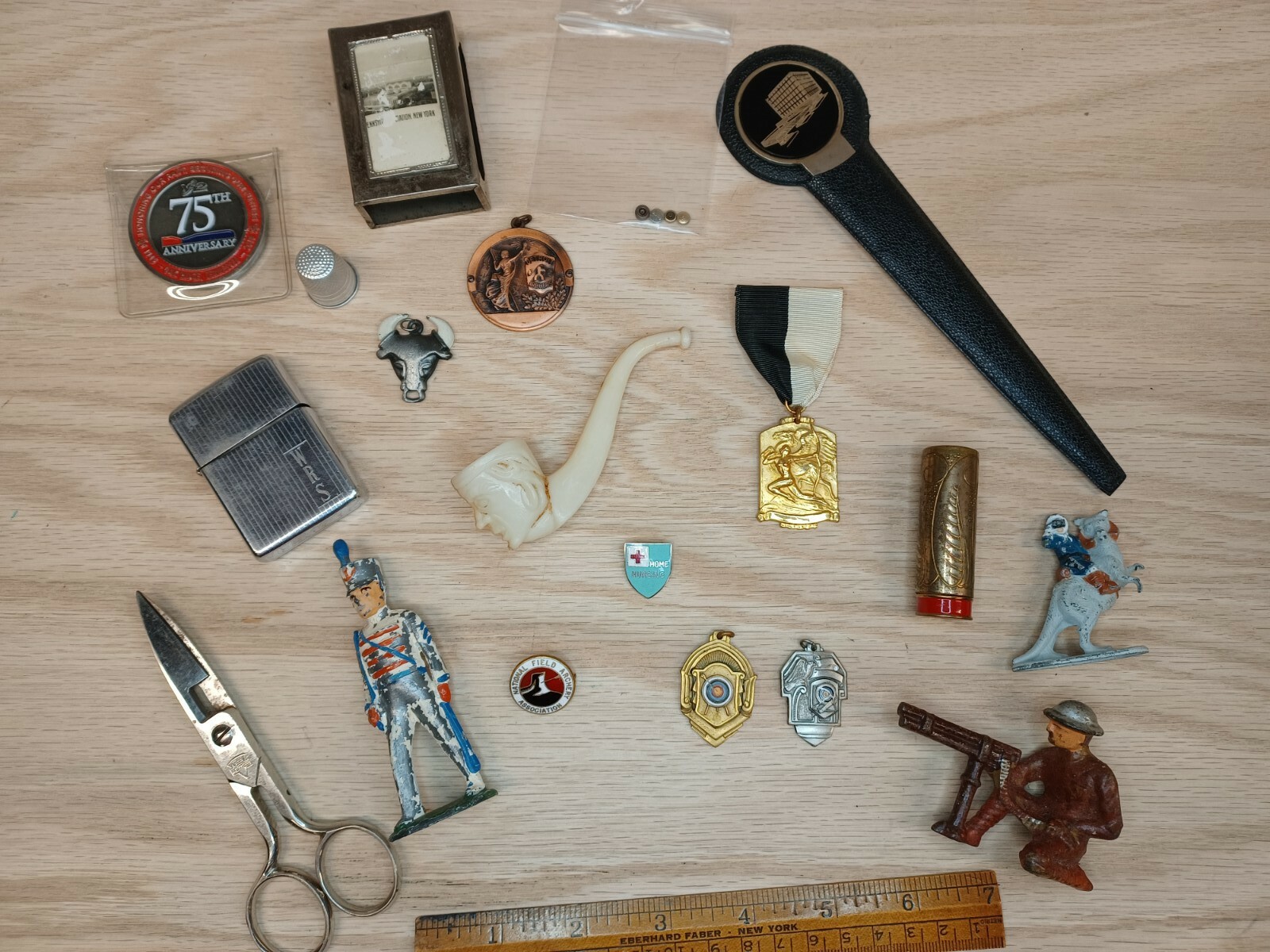 Vintage Junk Drawer Lot Toys Awards Scissors Zippo Pipe