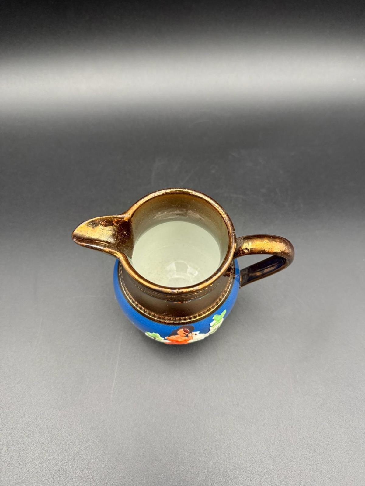 Antique Copper Lustreware Creamer – Girl with White Dog, English Pottery, 4”
