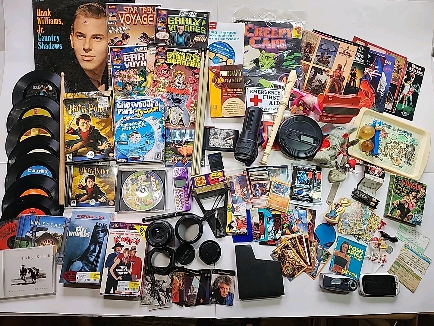 Large Junk Drawer Lot Records Comics Cameras Phones Cards VHS Cds Games Ephemera