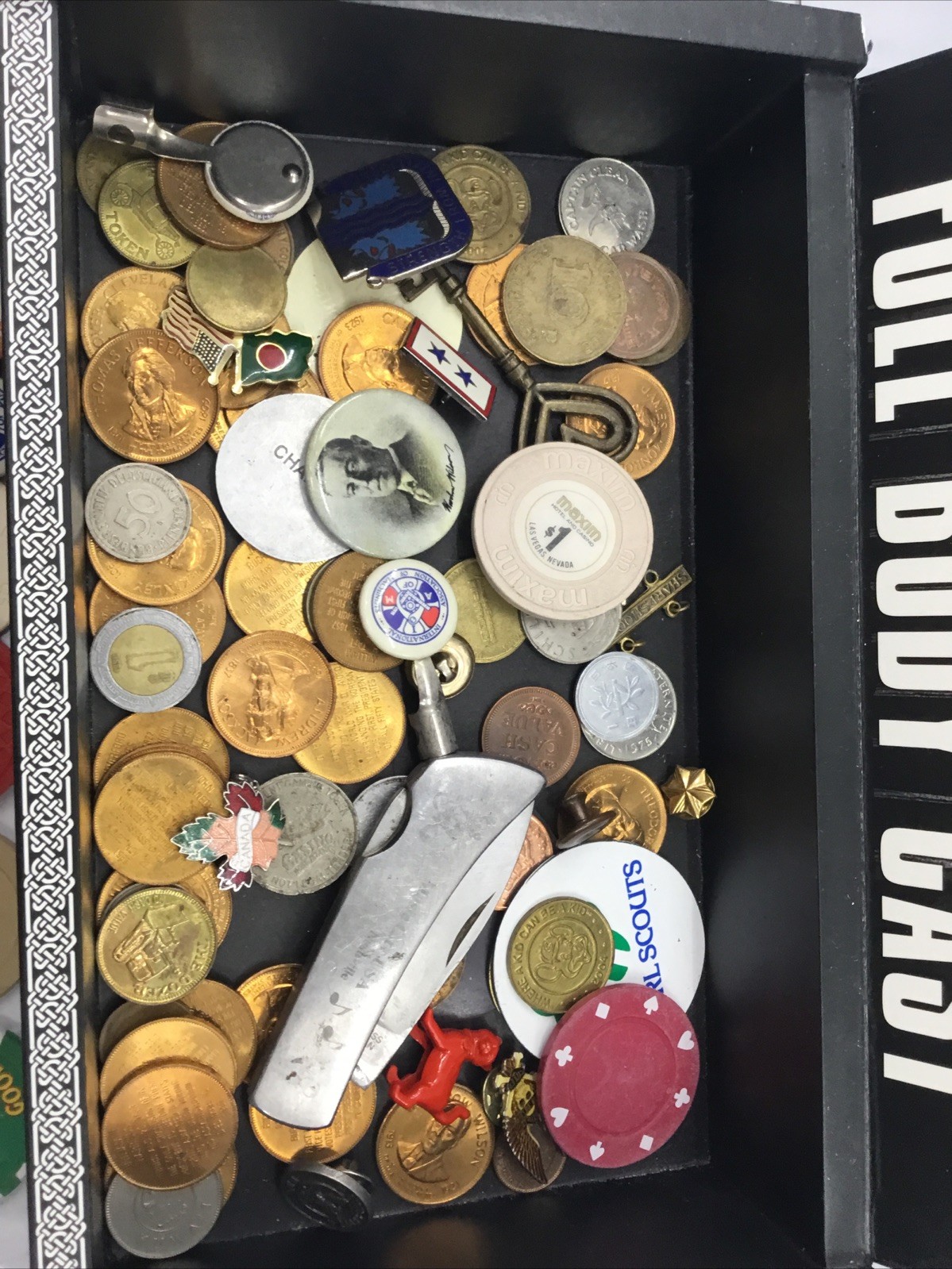 Grandpa’s Estate Junk Drawer Lot Collectibles Vintage Coins Poker Chips Buttons