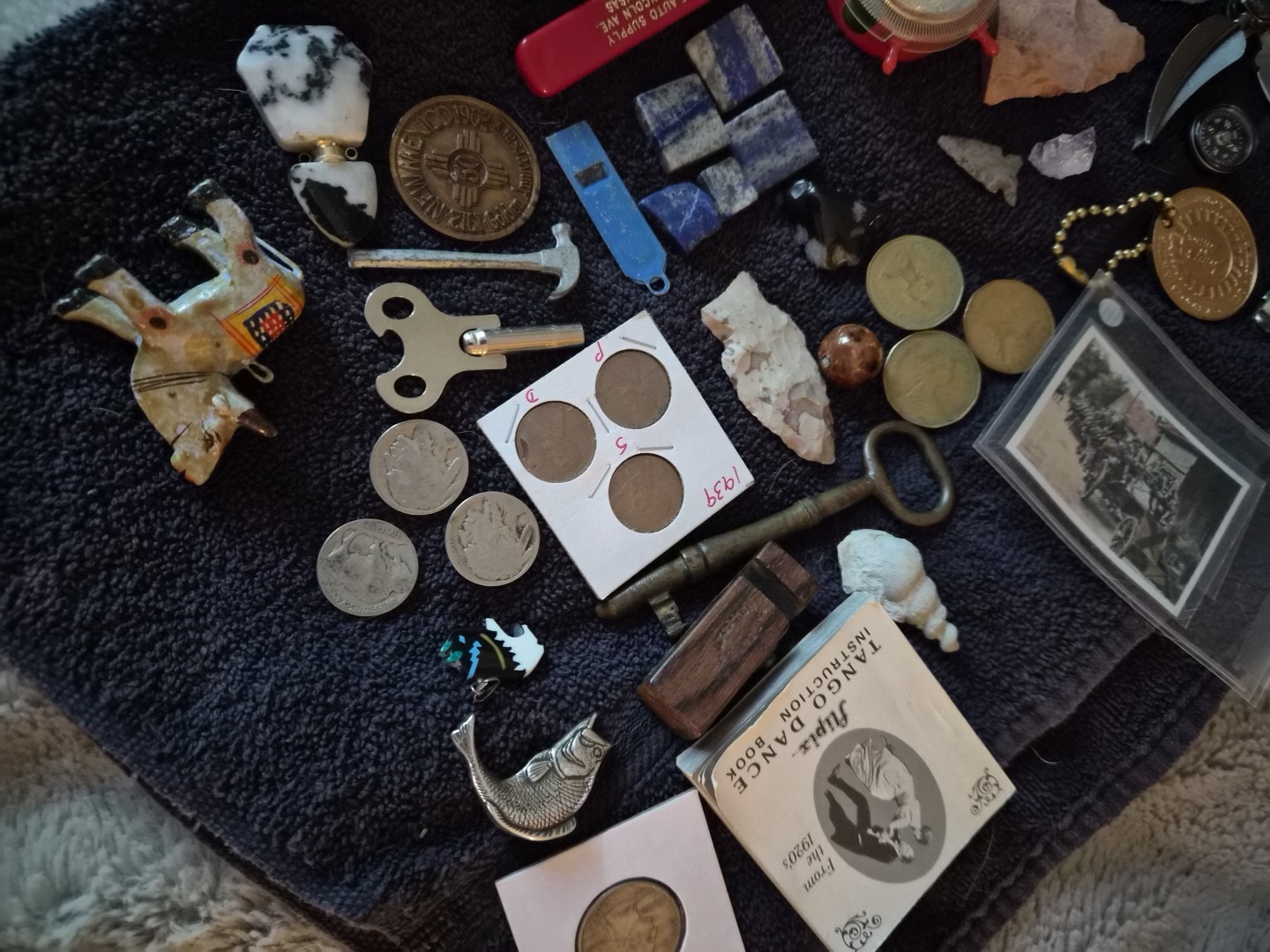 Vintage Junk Drawer – Coins, Arrowheads, Fossils, Knives Compass, & Collectibles