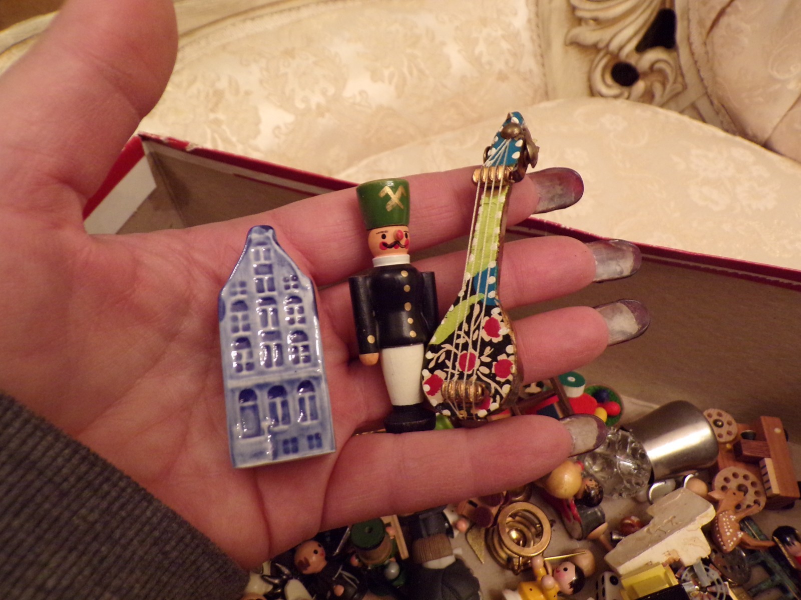 VTG Large Box of Miniatures Wooden Ornaments, Glass Figurine and Metal
