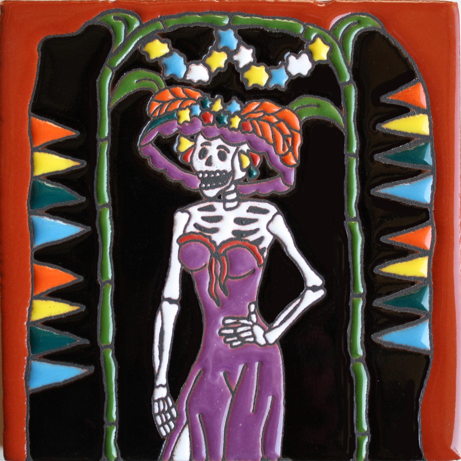 Fine Crafts Imports La Catrina Day Dead Clay Tile Multicolor 6×6 6 Inch small