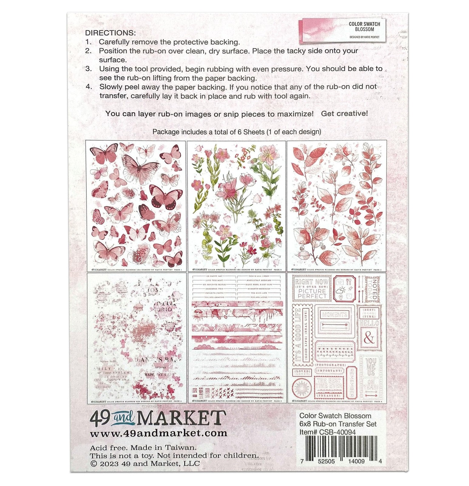 Blossom Rub Ons Craft Supply Multi-Color Art Set 6 Sheets 6×8 Inches