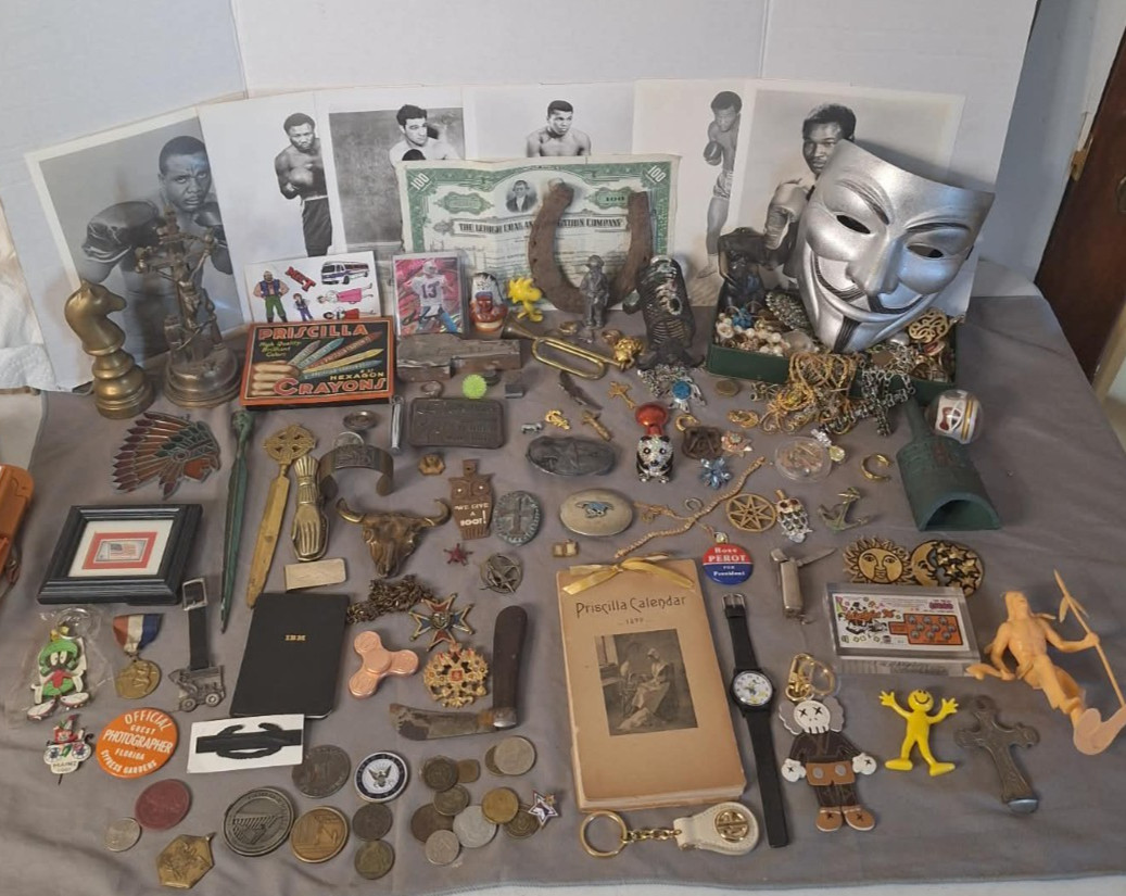 Estate Junk Drawer Lot Vintage Coins, Pocket Knife, Rings, , More