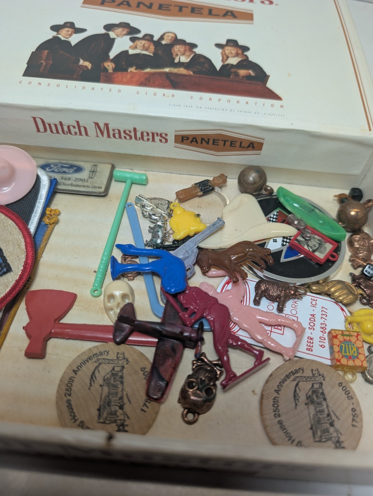 Vintage Cigar Box Junk Drawer Lot Skull Keychains Vintage Football Kutztown Pa