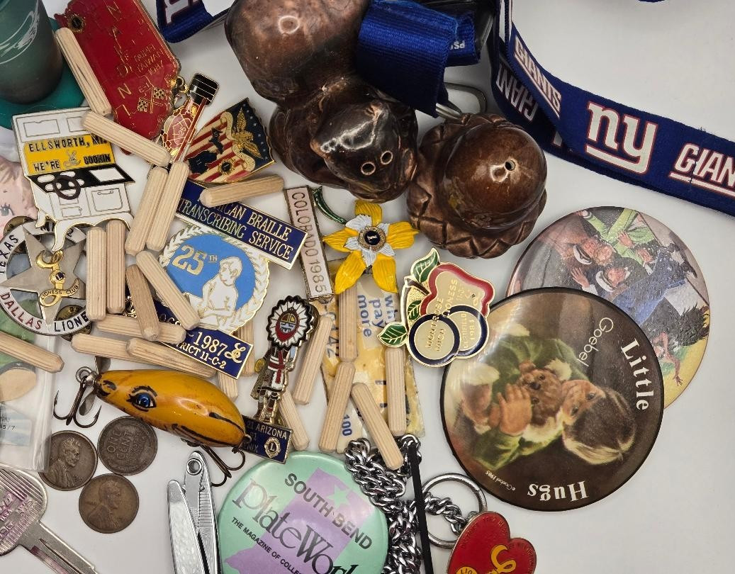 vintage estate junk drawer lot coins salt & pepper shaker cobalt blue lapel pins