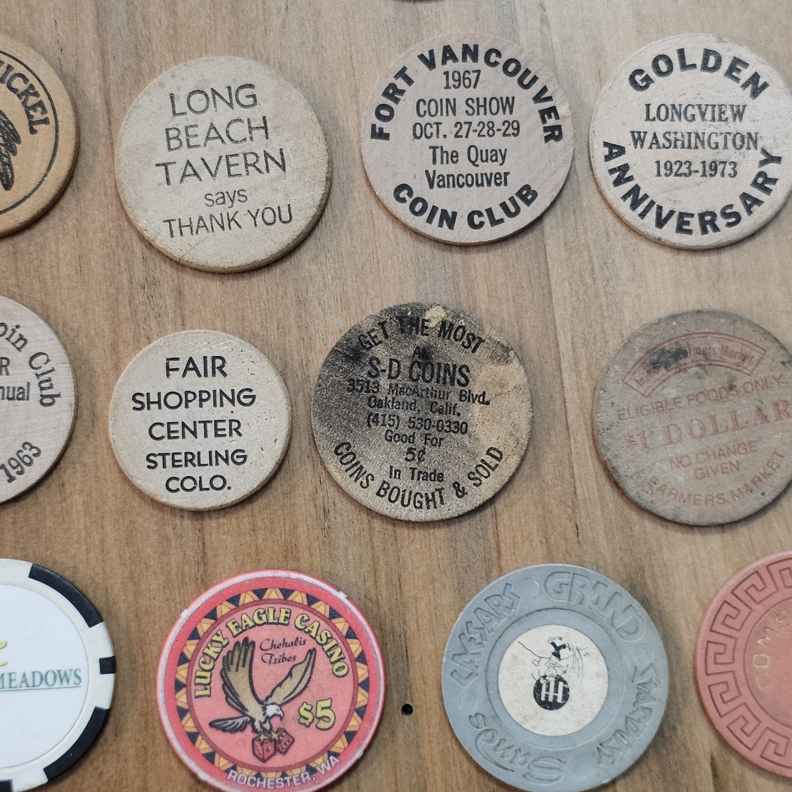 Junk Drawer Lot- Wooden Nickels, Casino Chips, Milk Cap -Washington, Oregon, Ect