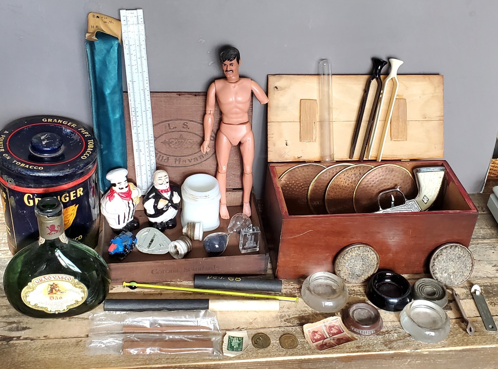 VTG Junk Drawer Mixed Lot Arcade Coins Stamps Lab Tools Wooden Boxes Lone Ranger