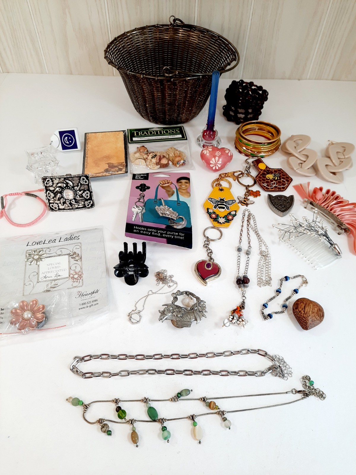 Junk Drawer Lot Women’s Silver Basket Jewelry Collectables Glass Ring Holder
