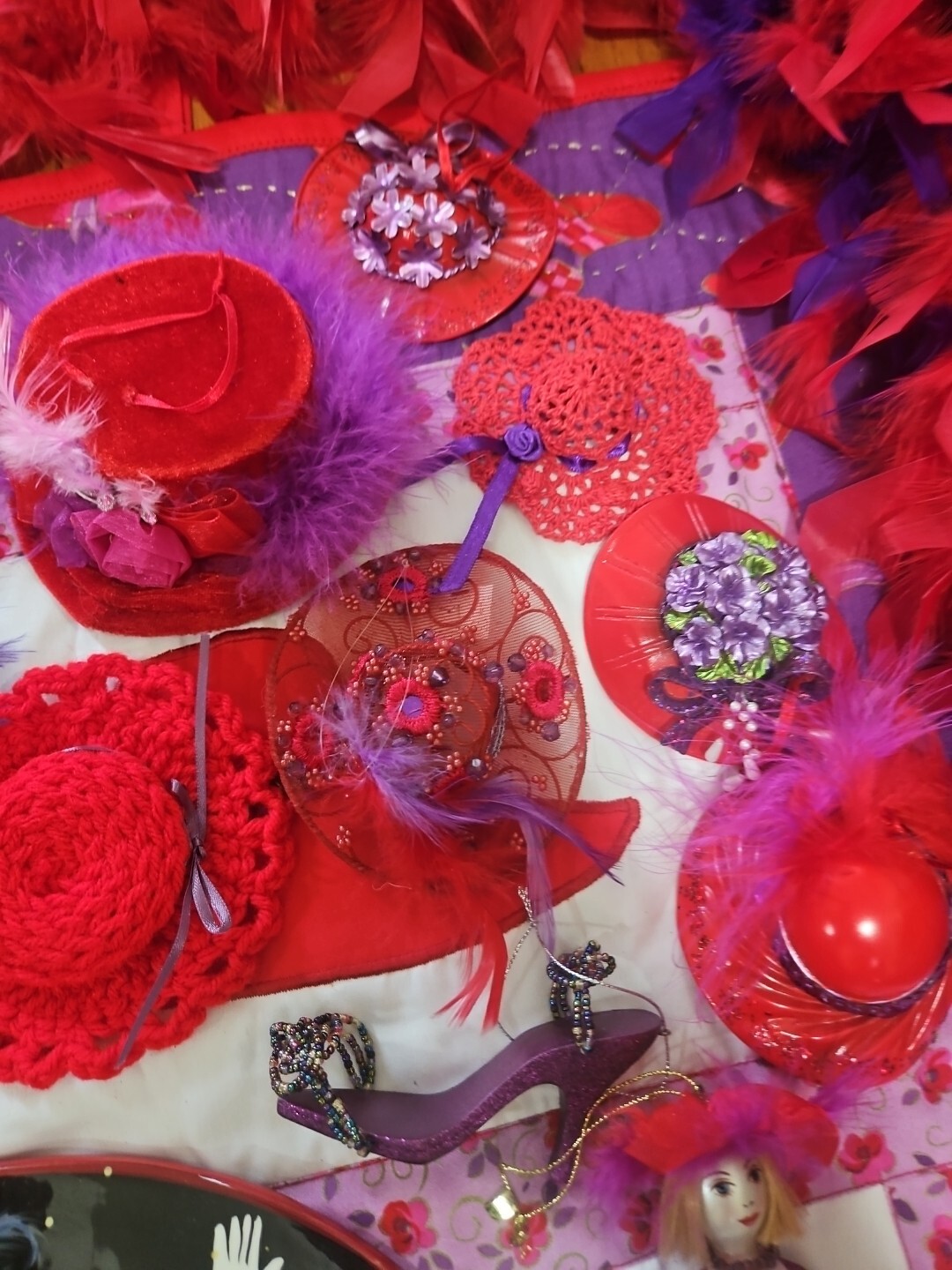Huge Lot Red Hat Society Jewellry Pins Ornaments Feather Boas Handbags Doll