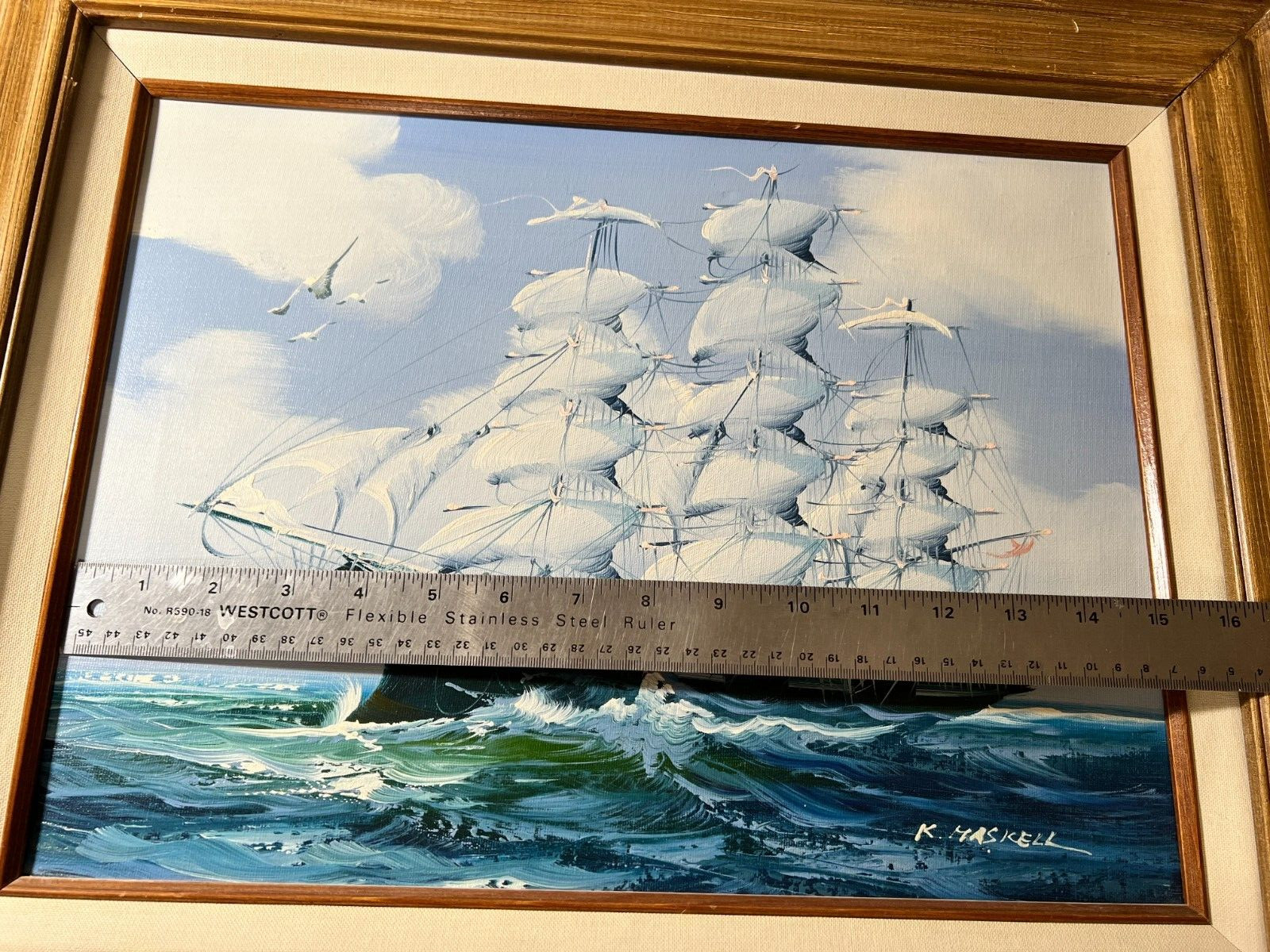Framed K Maskell Sailing Ship Open Seas Painting 12×16