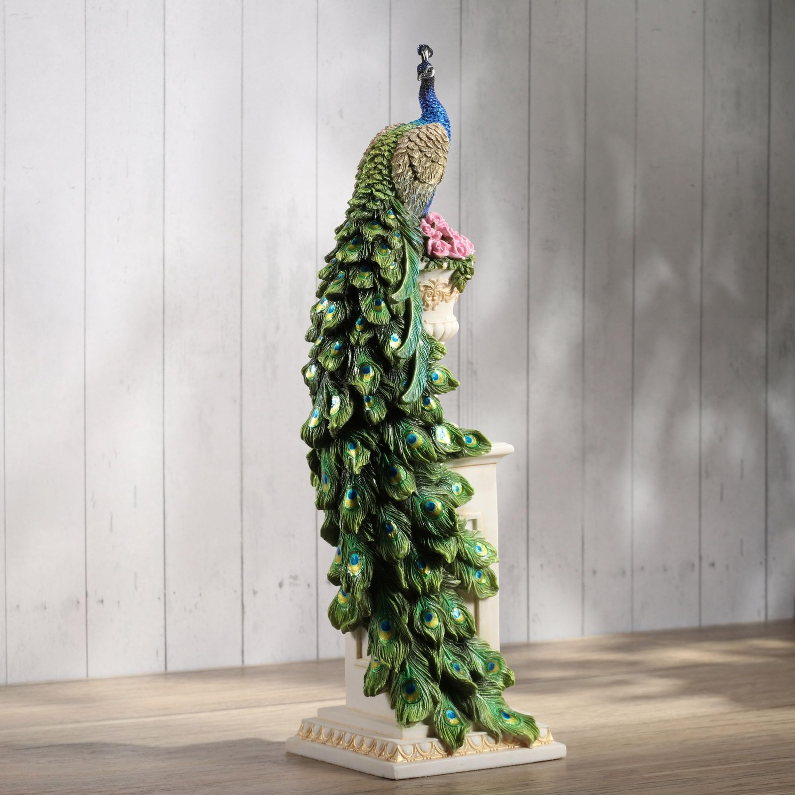 Veronese 13.625″ Peacock on Roman Column Resin Sculpture, Home Decor Collectible