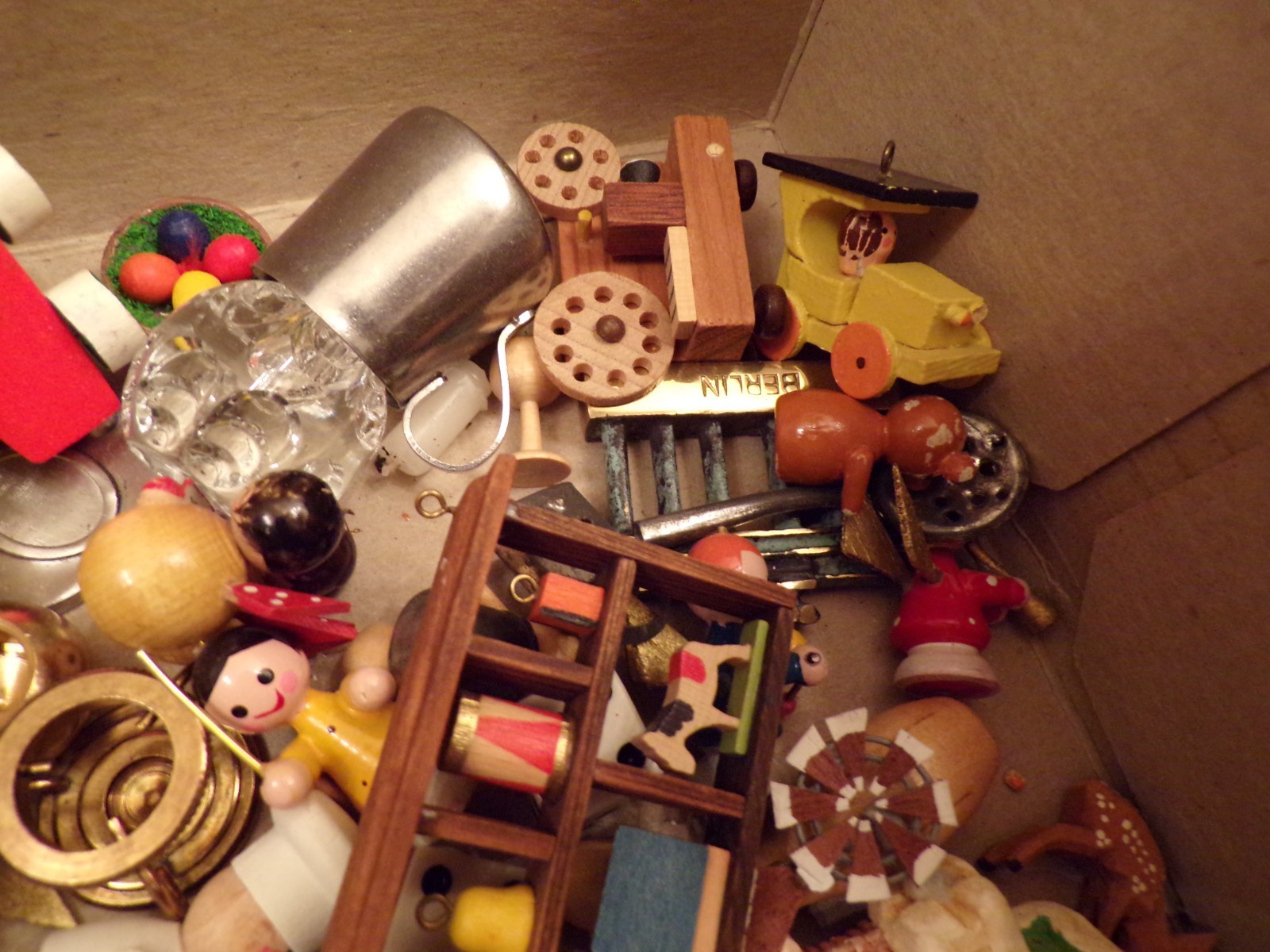 VTG Large Box of Miniatures Wooden Ornaments, Glass Figurine and Metal