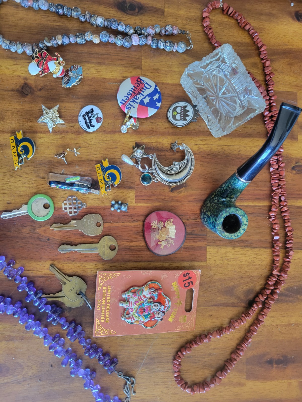 Junk Drawer Lot, Vintage to Modern Pins, Pipe, Leaded Crystal Ash Tray, Stones