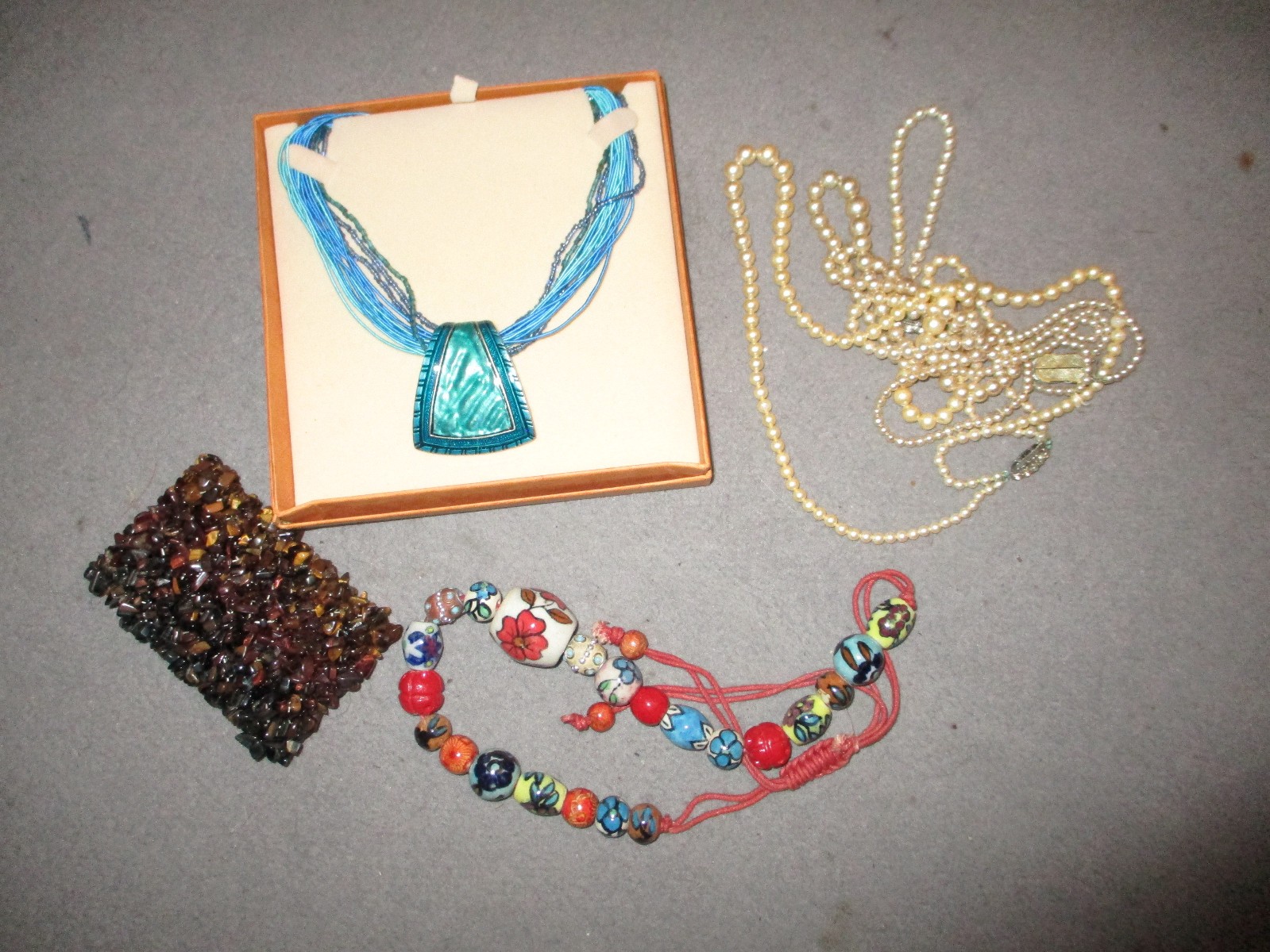 MULTIPLE TIGER’S EYE BRACELATE, NECKLACES INDIA HAND PAINTED, SIMULATED PEARLS