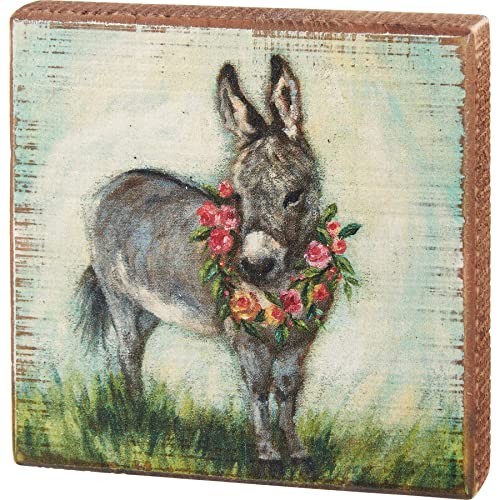 Primitives by Kathy Donkey And Wreath Home D√©cor Sign 5″ x 5″ x 1″