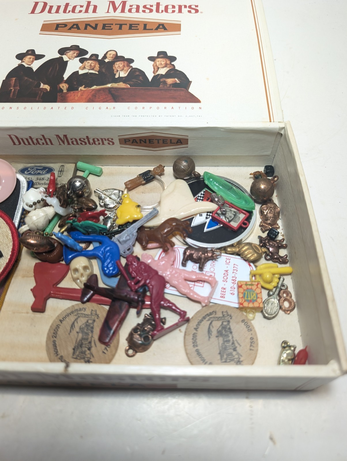 Vintage Cigar Box Junk Drawer Lot Skull Keychains Vintage Football Kutztown Pa