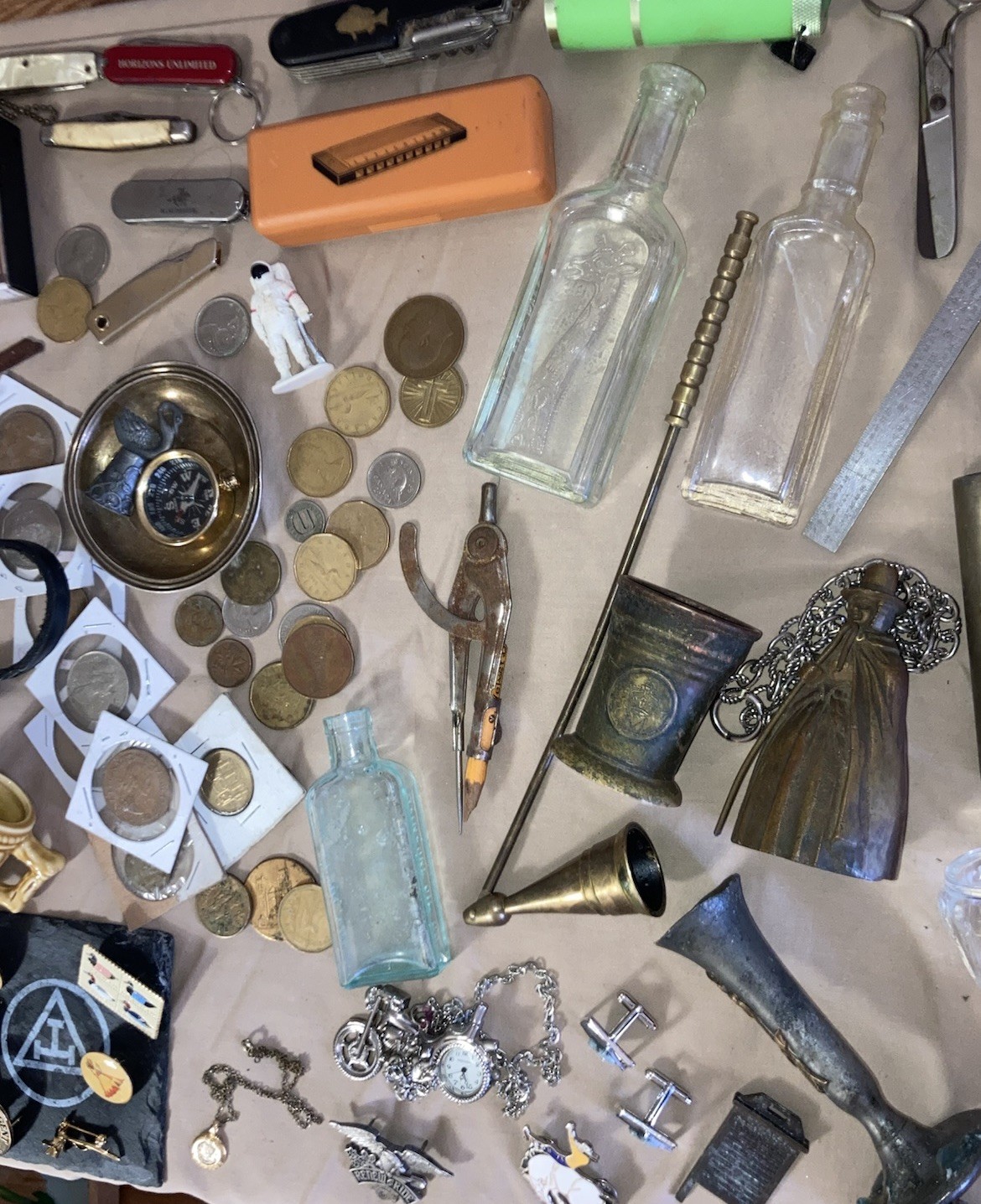 Mixed Vintage Collectibles Lot Coins Jewelry Lighters Knives Bottles Tins Brass