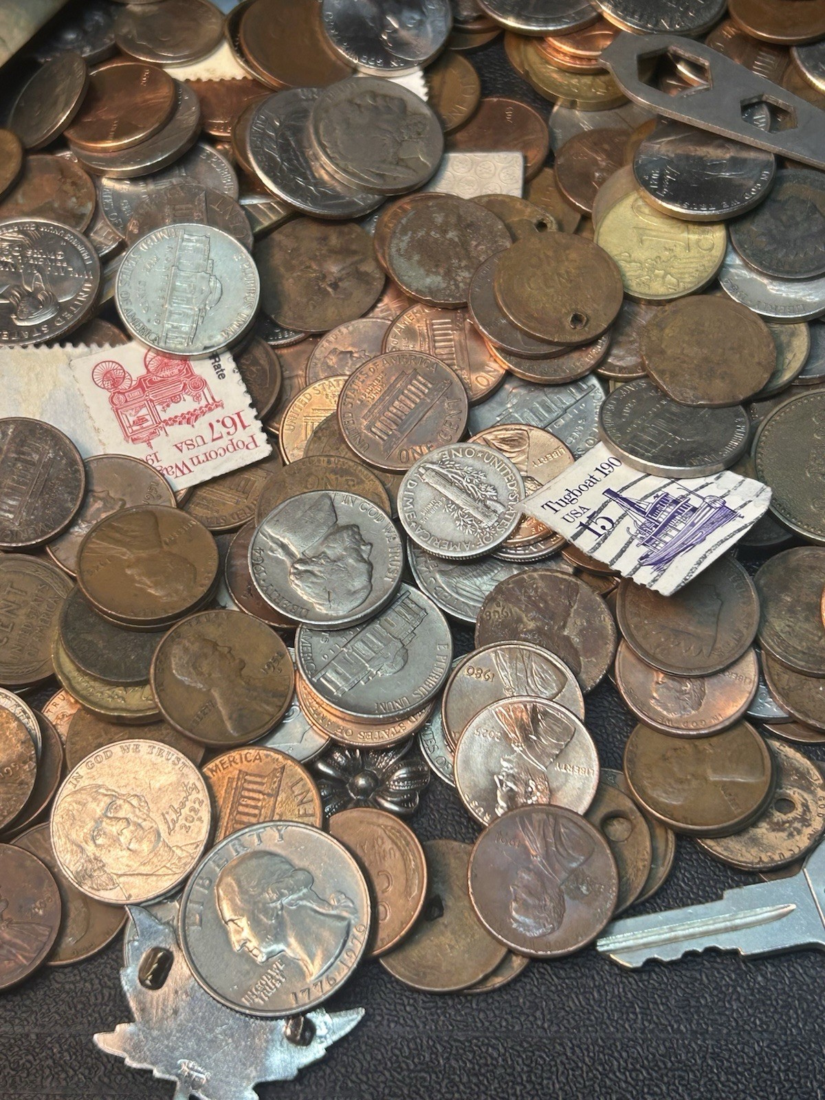 Tin Bank Full Of Coins, Sterling, Stamps, Collectibles Mercury Dimes, Indian 1C