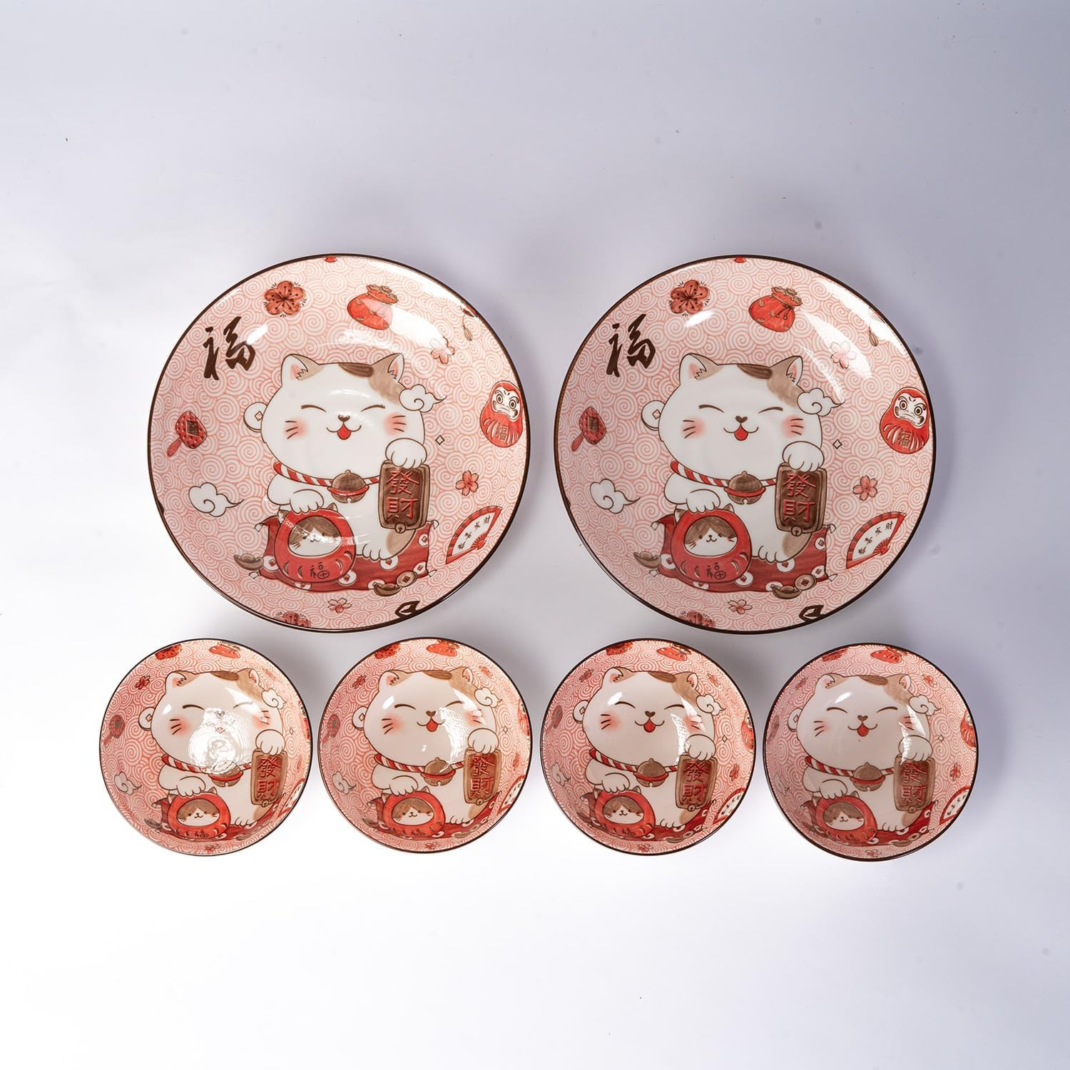 Lucky Cat Dinnerware Set – 6 Piece Tableware with Bowls & Plates in Gift Box