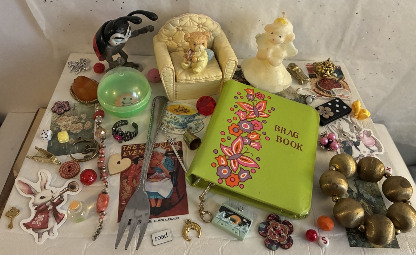 Vtg Photo Brag Book Angel Candle Bear Trinket Box Jewelry Junk Drawer Art Lot