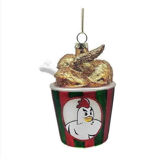 Vintage Funny Bucket of Fried Chicken Glitter Blown Glass Ornament