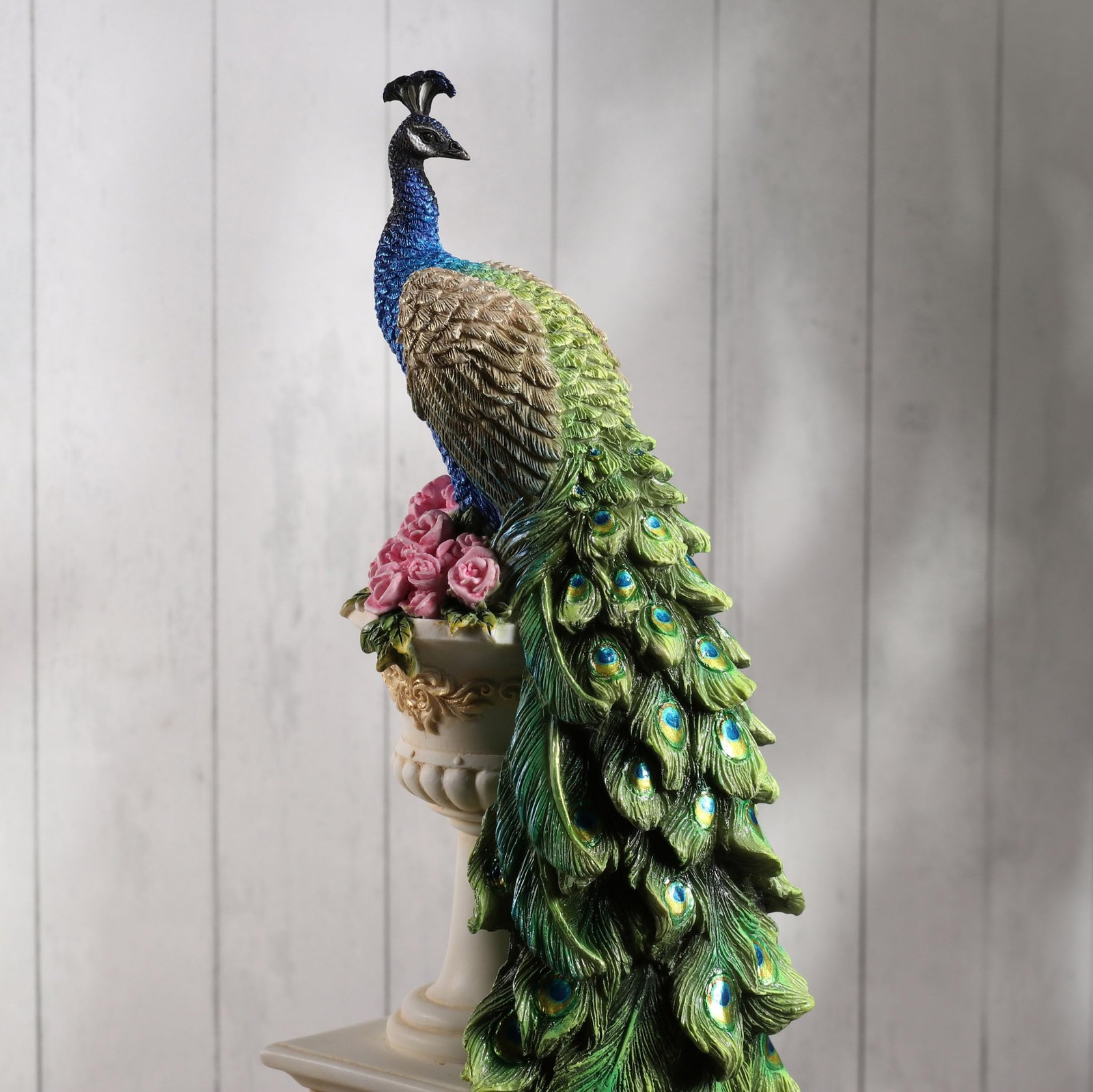 Veronese 13.625″ Peacock on Roman Column Resin Sculpture, Home Decor Collectible