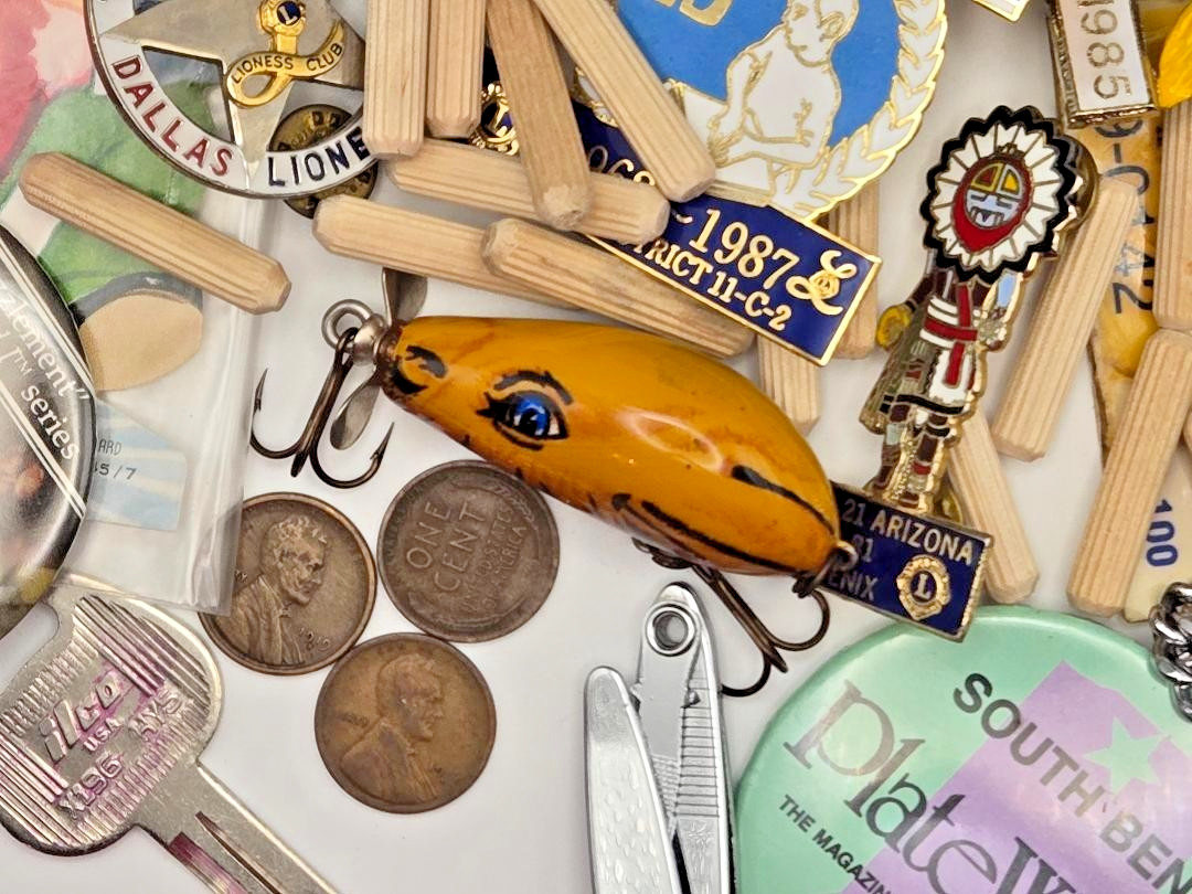 vintage estate junk drawer lot coins salt & pepper shaker cobalt blue lapel pins