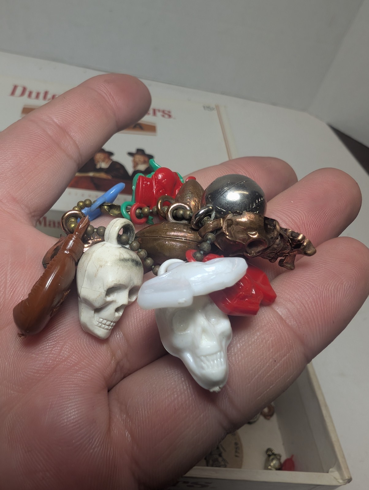 Vintage Cigar Box Junk Drawer Lot Skull Keychains Vintage Football Kutztown Pa