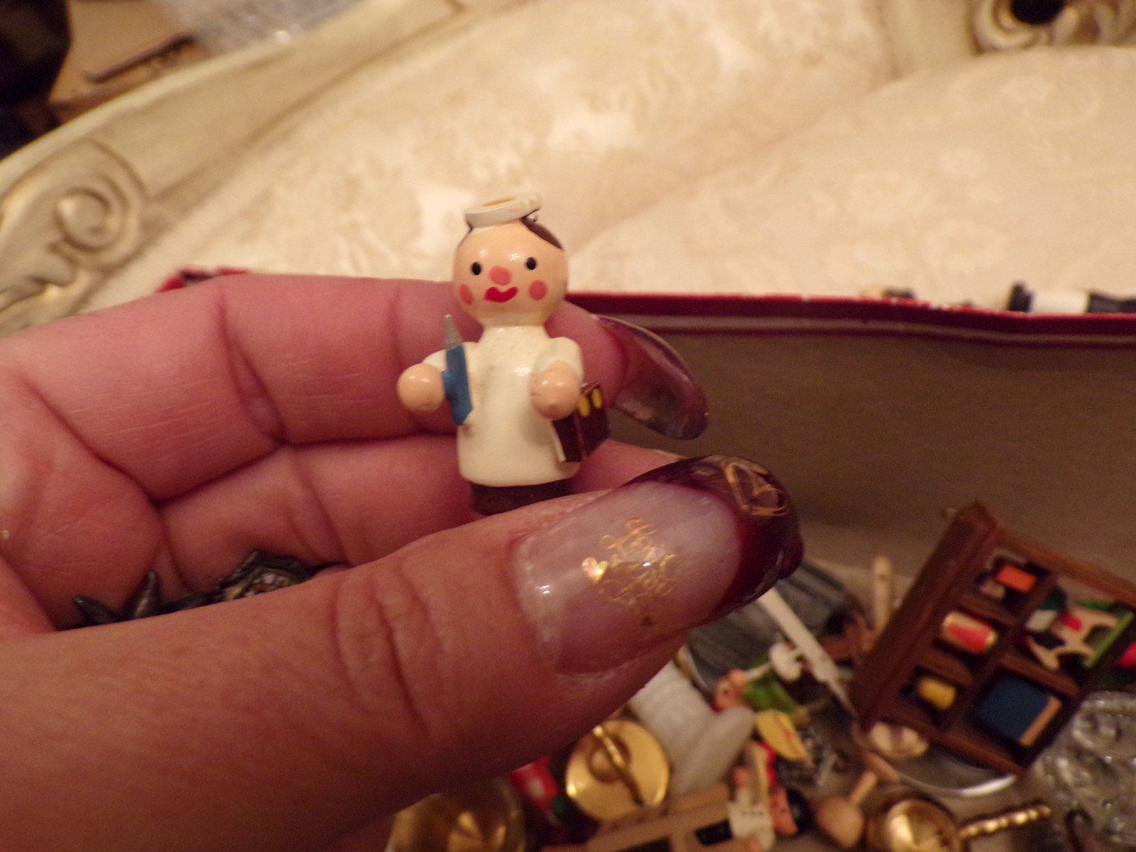 VTG Large Box of Miniatures Wooden Ornaments, Glass Figurine and Metal