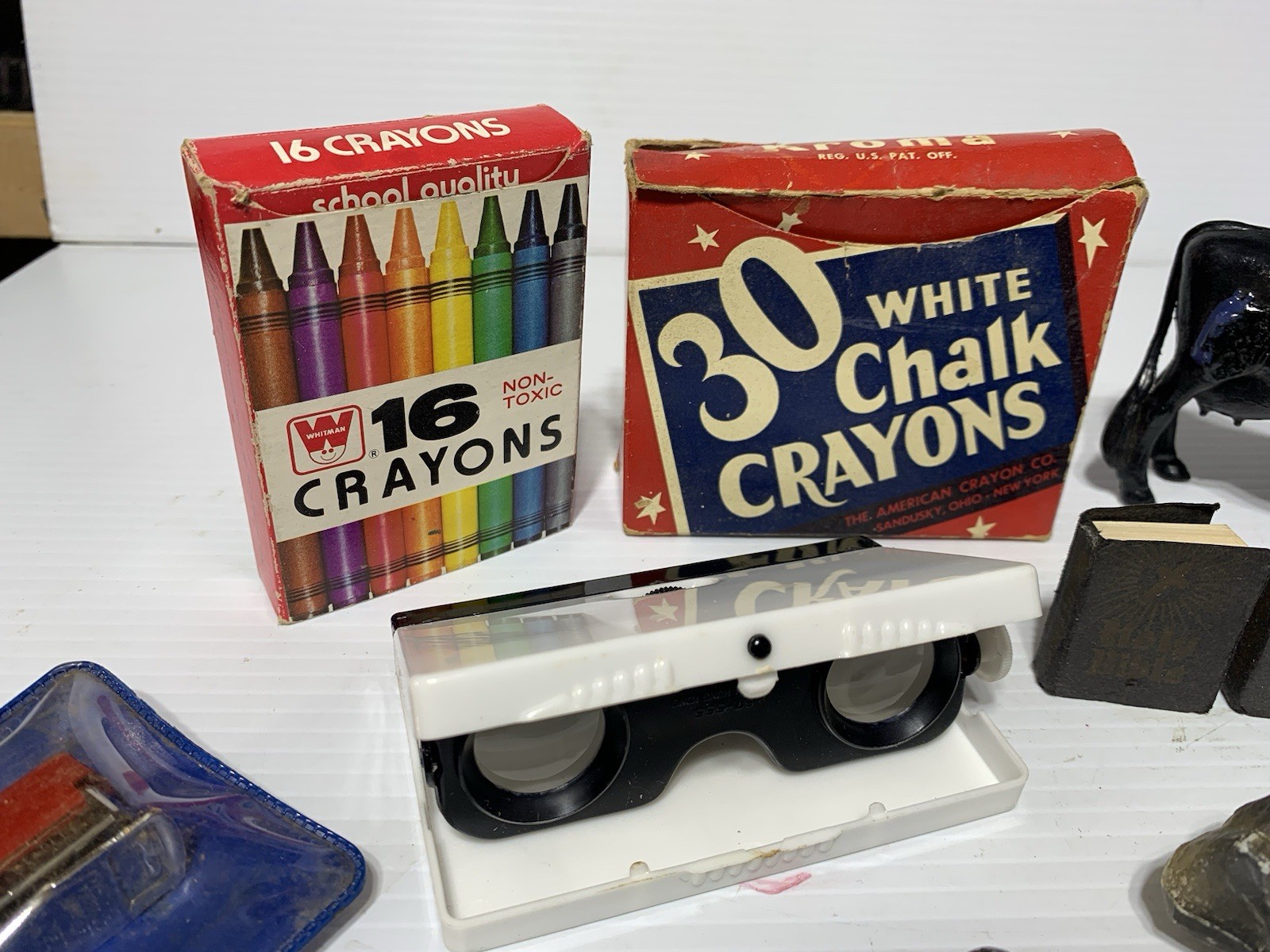 Vintage Junk Drawer Toy Lot 60’s 70’s Chalk Crayons Dice Plastic Rocks Figures +