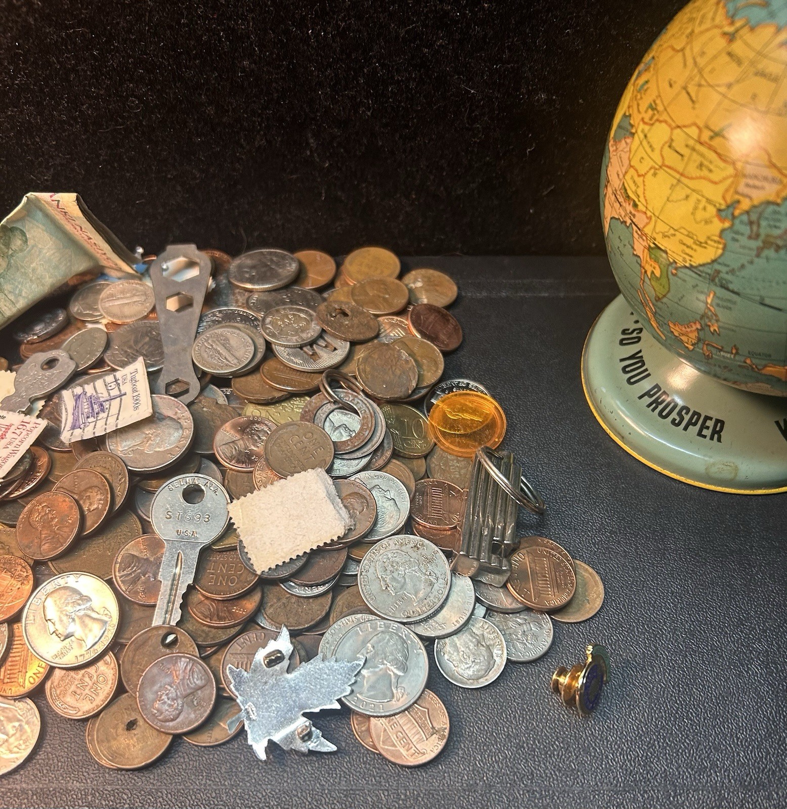Tin Bank Full Of Coins, Sterling, Stamps, Collectibles Mercury Dimes, Indian 1C