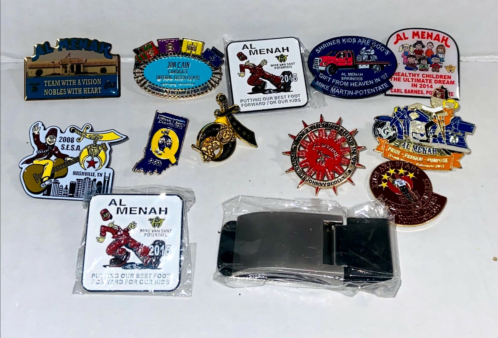 JUNK DRAWER Lot of Shriners Pins, money clip, Lapel & hat Pins-13 pieces- LILA