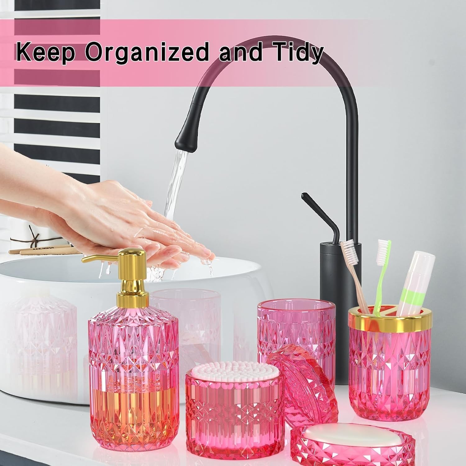 Hot-Pink Glass Bathroom Accessories Set 5 Pcs, Hot-Pink Bathroom Set, Soap …..