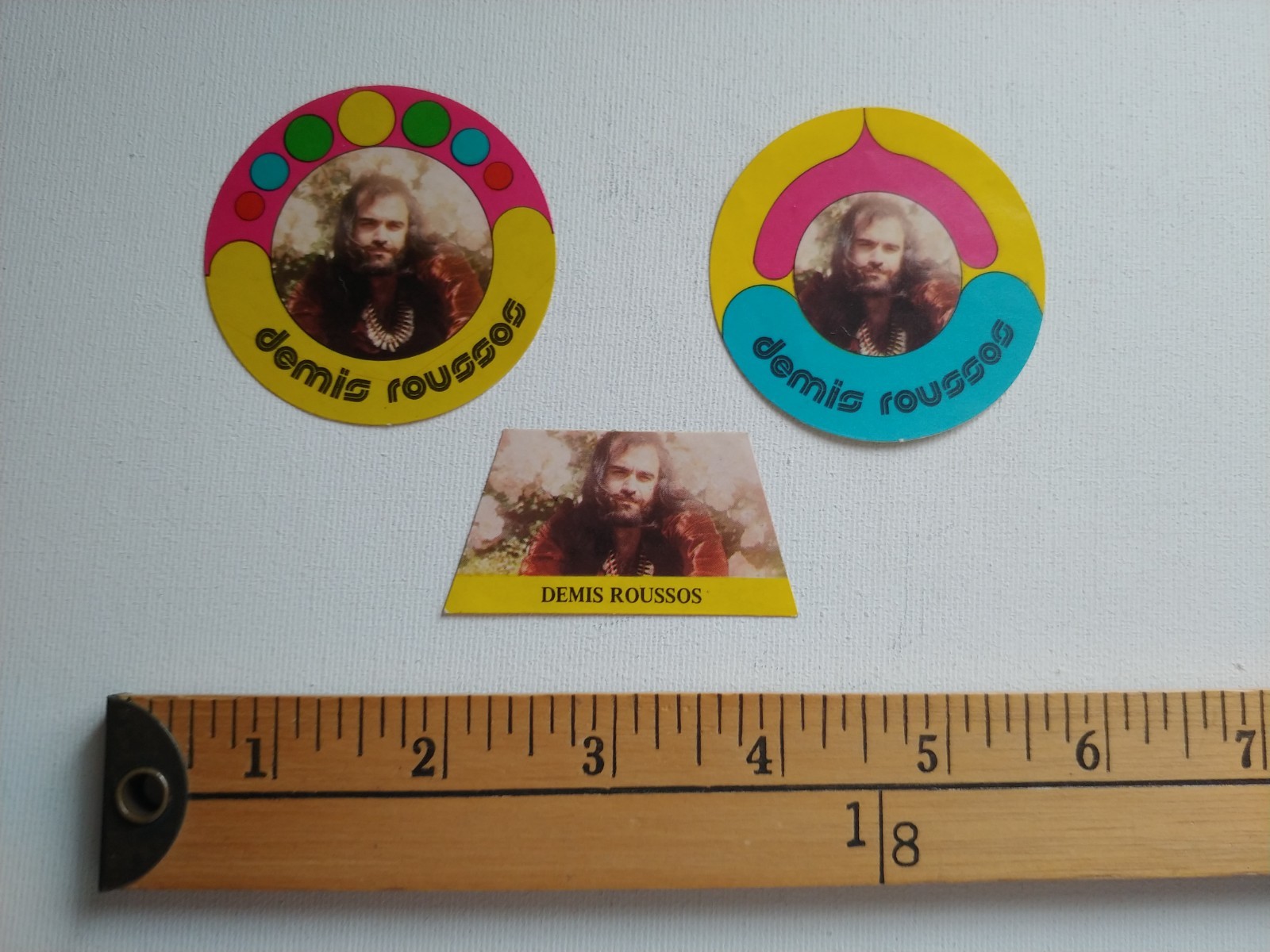 * 3 rare 70s DEMIS ROUSSOS GREEK MUSICIAN SINGER STICKER DECAL AUTO COLLANT *