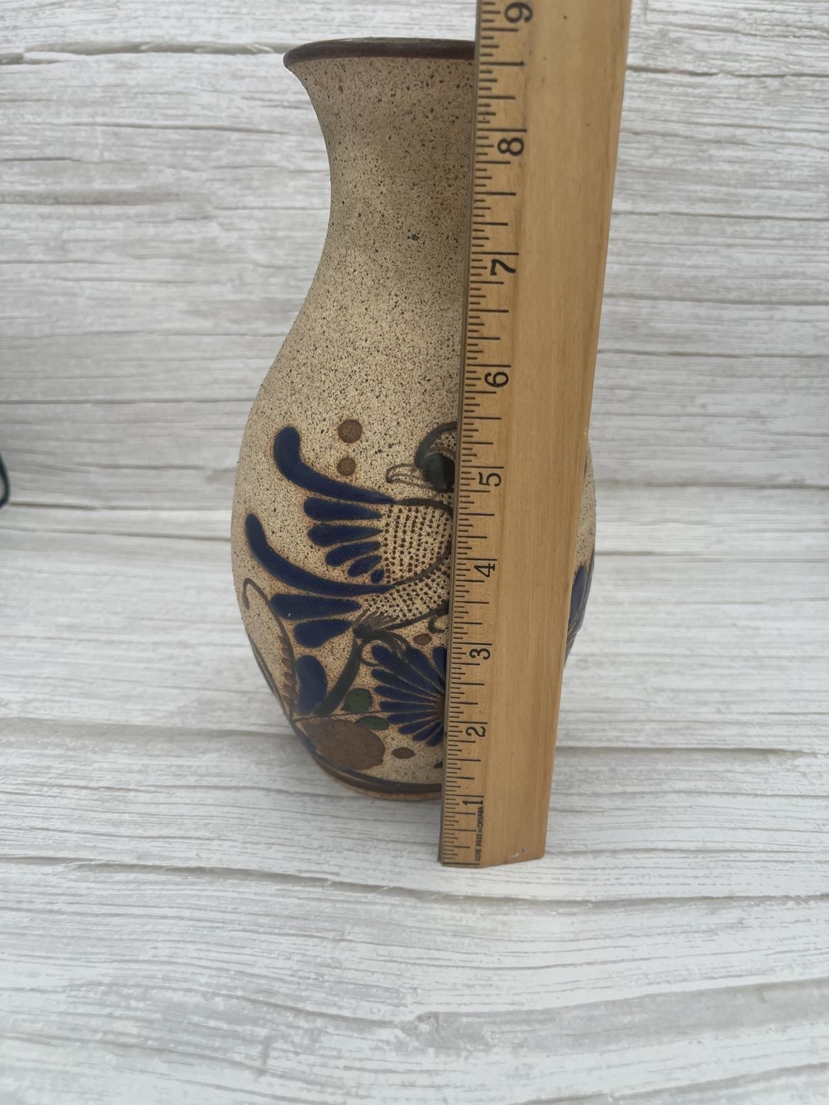 VTG Tonala Mexico Signed Pottery Pitcher Bird Flowers Blue Hand Painted Vase