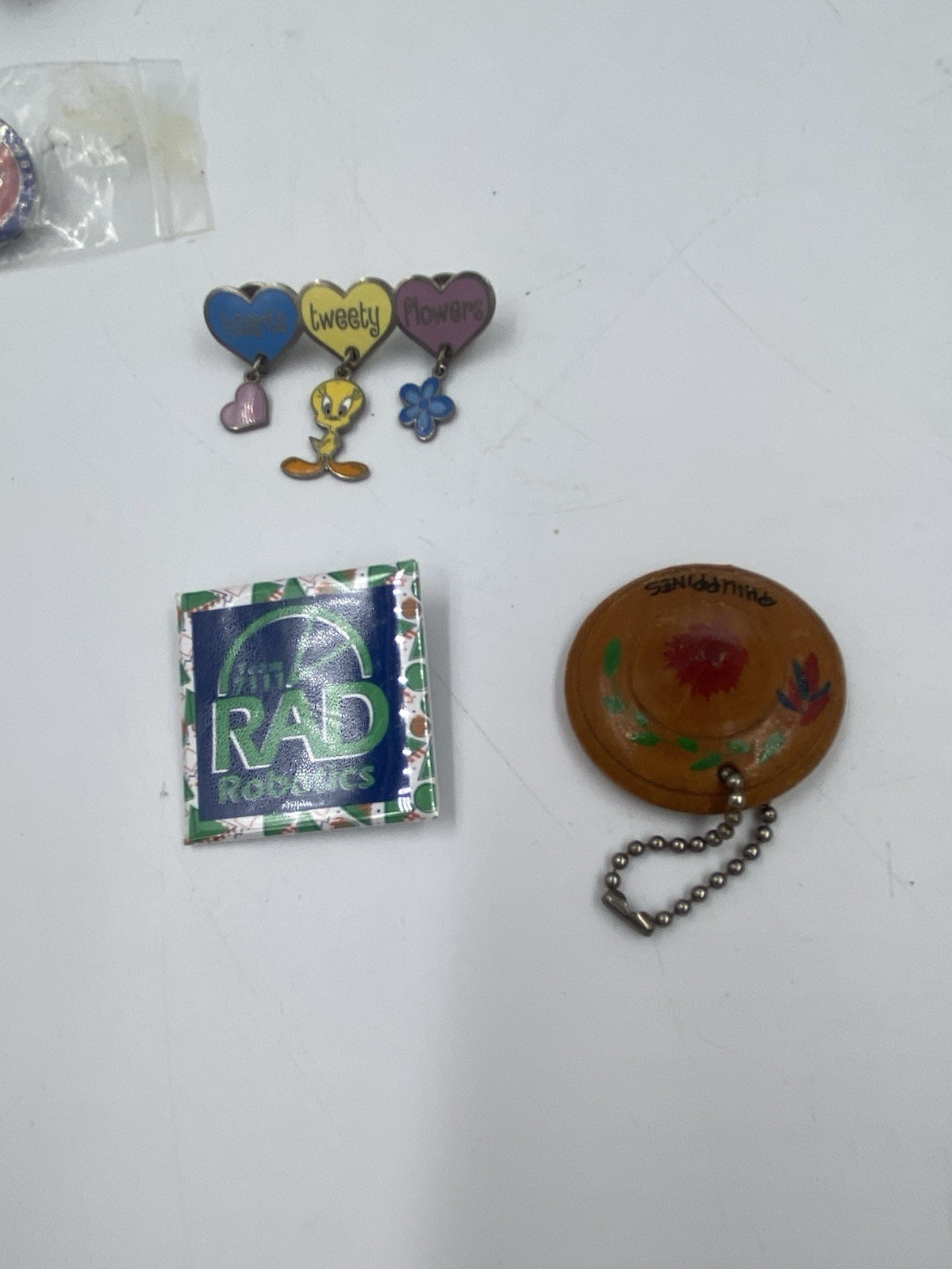 Junk Drawer Mixed Lot Stickers, Keyrings, Lids, Paint Brush, Rolled Pennies, Pin